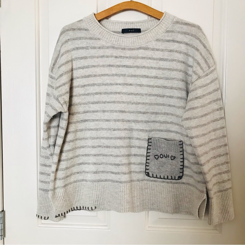Oui Striped Crewneck Sweater in Cream with Pocket - Picture 2 of 11